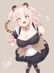 Rule 34 | 1girl, absurdres, animal ears, black dress, bow, bowtie, breasts, cleavage, commentary, dated, dress, english commentary, fang, grey background, grey bow, grey bowtie, highres, indie virtual youtuber, large breasts, looking at viewer, natch imaycz, open mouth, orange eyes, pink hair, short hair, signature, simple background, smile, solo, tail, tiger ears, tiger tail, tori thaiga, two side up, virtual youtuber