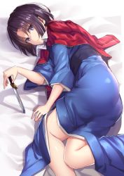Rule 34 | 1girl, :/, ass, bed sheet, blue kimono, closed mouth, dagger, expressionless, feet out of frame, fur-trimmed jacket, fur trim, highres, holding, holding weapon, jacket, jacket on shoulders, japanese clothes, kara no kyoukai, kimono, knife, long sleeves, looking at viewer, lying, on side, parted bangs, purple eyes, purple hair, red jacket, ryougi shiki, sash, shiny skin, short hair, shuutou haruka, solo, unzipped, weapon