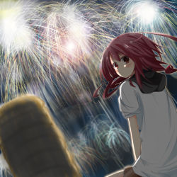 Rule 34 | 1girl, :/, bad id, bad pixiv id, blurry, casual, cup, depth of field, fireworks, looking at viewer, looking back, original, red eyes, red hair, sasahara wakaba, sitting, solo, summer, teacup