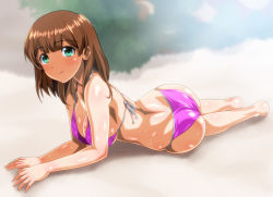 Rule 34 | 1girl, anime coloring, ass, bikini, blurry, breasts, brown hair, cleavage, commentary request, depth of field, green eyes, halterneck, looking at viewer, lying, medium breasts, monteriakitto, on stomach, original, pink bikini, short hair, solo, string bikini, sweater, swimsuit