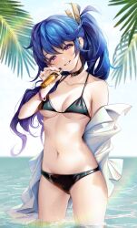 Rule 34 | 1girl, absurdres, bare shoulders, bikini, black bikini, black collar, blue hair, blue sky, blurry, blurry background, breasts, collar, collarbone, commentary request, commission, day, depth of field, girls&#039; frontline, hair between eyes, hand up, head tilt, highres, holding, horizon, k11 (girls&#039; frontline), long hair, looking at viewer, medium breasts, menna (0012), navel, ocean, off shoulder, outdoors, parted lips, pixiv commission, purple eyes, shirt, sky, solo, standing, swimsuit, very long hair, wading, water, white shirt