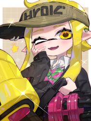 Rule 34 | 1girl, blonde hair, border, brown background, brown hat, commentary request, fang, grid background, gun, hat, heavy splatling (splatoon), highres, holding, holding gun, holding weapon, inkling, inkling girl, inkling player character, long hair, looking at viewer, nintendo, one eye closed, open mouth, outside border, pointy ears, simple background, skin fang, sleeves past wrists, smile, solo, splatoon (series), splatoon 3, star (symbol), tentacle hair, upper body, visor cap, weapon, white border, yellow eyes, yomeniwan
