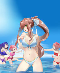 Rule 34 | 4girls, :d, ^ ^, arm behind back, beach, bikini, blue eyes, blue sky, bow, bow bikini, breasts, brown hair, closed eyes, cloud, collarbone, commentary, day, doki doki literature club, english commentary, closed eyes, grabbing, green eyes, hair bow, hair ribbon, hand on own chest, head tilt, highres, large breasts, long hair, looking at another, looking at viewer, medium breasts, monika (doki doki literature club), multiple girls, natsuki (doki doki literature club), navel, odakojirou, one-piece swimsuit, open mouth, outdoors, parted lips, pink hair, pink one-piece swimsuit, ponytail, purple bikini, purple hair, red bikini, red bow, ribbon, sarong, sayori (doki doki literature club), short hair, sky, small breasts, smile, splashing, stomach, swimsuit, two side up, very long hair, wading, water, white bikini, white ribbon, yuri (doki doki literature club)