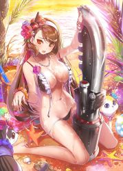 Rule 34 | 1girl, animal, arm support, bare legs, barefoot, beach, bikini, black bikini, bracelet, breasts, brown eyes, brown hair, cleavage, flower, frilled bikini, frills, front-tie top, hair flower, hair ornament, heterochromia, huge weapon, jewelry, large breasts, lens flare, long hair, long legs, navel, necklace, open bikini, open clothes, outdoors, popqn, qurare magic library, red eyes, side-tie bikini bottom, side ponytail, sitting, smile, solo, swept bangs, swimsuit, untied bikini, very long hair, wariza, weapon, wet