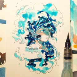 Rule 34 | 1girl, art tools in frame, artist name, bad id, bad instagram id, blue eyes, blue hair, expressionless, looking to the side, meyoco, original, photo (medium), portrait, solo, traditional media, water, waves