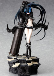 Rule 34 | 10s, 1girl, arm cannon, arms up, belt, bikini, bikini top only, black hair, black rock shooter, black rock shooter (character), blue eyes, boots, chain, checkered floor, coat, crossed legs, figure, flat chest, glowing, glowing eye, glowing eyes, gun, huge weapon, long hair, navel, photo (medium), scar, shorts, solo, standing, swimsuit, twintails, uneven twintails, vocaloid, watson cross, weapon, wind
