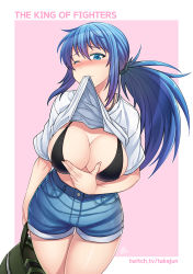 Rule 34 | 1girl, backpack, bag, bikini, bikini top only, bikini under clothes, black bikini, blush, border, breasts, clothes in mouth, clothes lift, commentary request, denim, denim shorts, fingernails, hair ornament, hair scrunchie, holding, holding bag, large breasts, leona heidern, lifted by self, long hair, looking at viewer, low ponytail, mouth hold, nose blush, one eye closed, outside border, pink background, scrunchie, shirt, shirt in mouth, shirt lift, shorts, sidelocks, solo, standing, swimsuit, swimsuit under clothes, t-shirt, takejun, the king of fighters, thigh gap, watermark, web address, white border