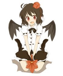 Rule 34 | 1girl, bad id, bad pixiv id, black wings, blush, female focus, hat, looking at viewer, mono (recall), open mouth, shameimaru aya, short hair, smile, solo, touhou, wings