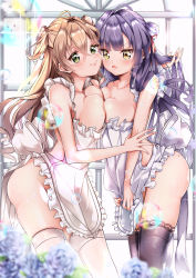 Rule 34 | 2girls, absurdres, ass, bad id, bad pixiv id, blonde hair, blush, breast press, breasts, cleavage, green eyes, highres, ktm, large breasts, legs, lips, long hair, looking at viewer, medium breasts, multiple girls, open mouth, original, purple hair, smile, thighhighs, thighs, yellow eyes, yuri