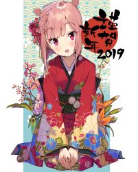 Rule 34 | 1girl, 2019, :d, absurdres, animal ears, blush, braid, brown flower, brown hair, chinese zodiac, commentary request, fingernails, floral print, flower, hair flower, hair ornament, happy new year, head tilt, highres, japanese clothes, kanzarin, kimono, long sleeves, looking at viewer, new year, obi, open mouth, original, pig ears, pink flower, print kimono, red eyes, red flower, red kimono, sash, seiza, sitting, smile, solo, white flower, wide sleeves, year of the pig