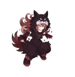 Rule 34 | 1girl, animal hands, animal hood, ark order, black capelet, black coat, black dress, black footwear, blue eyes, boots, brown hair, capelet, claws, coat, dark persona, detached sleeves, dress, fang, fire, full body, fur-trimmed boots, fur-trimmed coat, fur-trimmed dress, fur collar, fur trim, gloves, hood, long hair, long sleeves, mtyy, official art, paw gloves, paw shoes, short eyebrows, solo, standing, tachi-e, transparent background, v-shaped eyebrows, werewolf (ark order), wolf hood