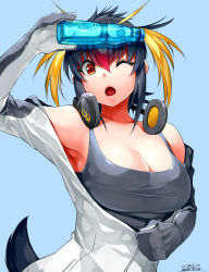 Rule 34 | 10s, 1girl, 2017, ;o, armpits, bare shoulders, black hair, black shirt, blonde hair, blue background, bottle, bottle to forehead, breasts, cleavage, dated, hair between eyes, happa (cloverppd), headphones, jacket, kemono friends, large breasts, multicolored hair, object on head, one eye closed, open clothes, open jacket, orange hair, penguin tail, ramune, red hair, rockhopper penguin (kemono friends), shirt, short hair, signature, solo, tail, upper body, white jacket, zipper