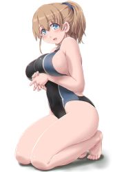 Rule 34 | 1girl, :d, barefoot, blue eyes, blush, breasts, brown hair, competition swimsuit, covered navel, dd (ijigendd), full body, hair between eyes, highleg, highleg swimsuit, highres, intrepid (kancolle), kantai collection, large breasts, looking at viewer, one-piece swimsuit, open mouth, ponytail, short hair, sideboob, simple background, smile, solo, swimsuit, white background