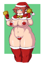 Rule 34 | 1girl, absurdres, animal ears, areola slip, bell, blue eyes, breasts, brown hair, cameltoe, cape, christmas, dog ears, fat, female focus, gloves, hat, highres, huge breasts, kjmvideo, large areolae, navel, nude, original, pasties, pussy, santa hat, short hair, simple background, solo, standing, thighhighs