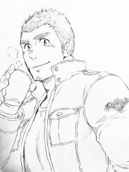 Rule 34 | bad id, bad twitter id, beard, blush, coat, collar, cup, disposable cup, facial hair, greyscale, highres, long sleeves, looking at viewer, lumentunes, male focus, monochrome, scar, shirt, simple background, sketch, smile, solo, spiked hair, steam, stubble, tamamura gunzo, thick eyebrows, tokyo houkago summoners, upper body, white background