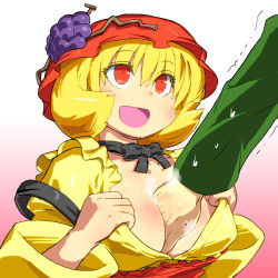 Rule 34 | 1girl, :d, aki minoriko, arm between breasts, between breasts, blonde hair, breasts, choker, cleavage, female focus, food, food-themed clothes, fruit, gomi ichigo, grapes, hat, highres, large breasts, neck ribbon, no bra, open mouth, red eyes, ribbon, ribbon choker, short hair, smile, solo, steam, sweat, touhou, trembling, upper body