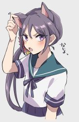 Rule 34 | 1girl, akebono (kancolle), animal ears, bell, blue neckwear, blue sailor collar, blue skirt, blush, cat ears, cropped torso, fang, flower, grey background, hair bell, hair between eyes, hair flower, hair ornament, highres, johssnny, kantai collection, long hair, open mouth, pleated skirt, ponytail, purple eyes, purple hair, sailor collar, school uniform, serafuku, short sleeves, side ponytail, simple background, skin fang, skirt, solo