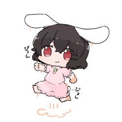 Rule 34 | 1girl, animal ears, black hair, carrot necklace, chibi, dress, highres, inaba tewi, jewelry, jumping, kurotaro, necklace, pink dress, rabbit ears, rabbit tail, red eyes, short hair, simple background, solo, tail, touhou, white background