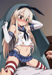 Rule 34 | 10s, 1boy, 1girl, anchor, anchor hair ornament, bare shoulders, black eyes, black panties, blonde hair, blush, breasts, elbow gloves, erection, girl on top, gloves, grinding, hair ornament, hairband, hetero, highleg, highleg panties, kantai collection, leg hold, long hair, navel, null (nyanpyoun), panties, penis, penis awe, personification, petite, shimakaze (kancolle), skirt, small breasts, solo focus, straddling, striped clothes, striped panties, striped thighhighs, surprised, thighhighs, underwear, white gloves