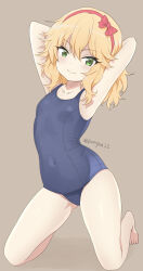 Rule 34 | 1girl, armpits, arms behind head, arms up, artist name, barefoot, blonde hair, blue one-piece swimsuit, bow, bow hairband, breasts, brown background, closed mouth, collarbone, commentary request, covered navel, full body, green eyes, hair between eyes, hair bow, hairband, highres, idolmaster, idolmaster cinderella girls, legs apart, looking at viewer, medium hair, one-piece swimsuit, red bow, red hairband, sakurai momoka, school swimsuit, simple background, small breasts, smile, solo, swimsuit, tamayan, toes, twitter username