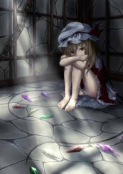 Rule 34 | 1girl, bare legs, barefoot, blonde hair, chain, covering own mouth, empty eyes, flandre scarlet, hat, hat ribbon, head rest, hugging own legs, iron bars, knees to chest, looking at viewer, mob cap, panties, pantyshot, red eyes, ribbon, short hair, sitting, skirt, skirt set, solo, stone floor, stone wall, touhou, underwear, upskirt, wall, white panties, wings, yoi (tokoyoi)