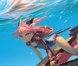 Rule 34 | 1girl, ahoge, arched back, azur lane, blue one-piece swimsuit, bright pupils, bubble, butt crack, chromatic aberration, competition swimsuit, gloves, hair ornament, highres, hood, hoodie, jacket, one-piece swimsuit, pink hair, rias-coast, riding, single sleeve, smile, solo, swimsuit, two side up, u-81 (azur lane), underwater, yellow eyes, yellow gloves