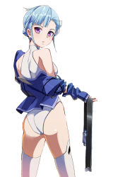 Rule 34 | 10s, 1girl, ass, bad id, bad pixiv id, bare shoulders, belt, blue hair, bodysuit, braid, cowboy shot, fin e ld si laffinty, flower, french braid, from behind, hair flower, hair ornament, halterneck, highleg, highleg leotard, holding, is ii, jacket, leotard, long sleeves, looking at viewer, looking back, off shoulder, open clothes, open jacket, open mouth, parted lips, purple eyes, rinne no lagrange, short hair, sidelocks, simple background, sleeves past wrists, solo, thighhighs, turtleneck, undressing, unworn belt, white background, white thighhighs