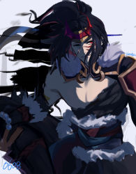 Rule 34 | 1boy, abstract background, aqua eyes, bare shoulders, bead bracelet, beads, black hair, bracelet, circlet, closed mouth, crescent, facial mark, fake horns, fur trim, hair between eyes, heterochromia, highres, horned headwear, horns, jewelry, kaedeko00, kayn (league of legends), league of legends, long hair, male focus, moon, official alternate costume, red eyes, signature, single bare shoulder, sketch, smile, solo, torn, torn clothes