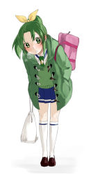 Rule 34 | 10s, 1girl, bag, blush, breath, cherico, coat, green eyes, green hair, green necktie, hands in pockets, highres, kneehighs, leaning forward, matching hair/eyes, midorikawa nao, necktie, open mouth, ponytail, precure, school bag, short hair, smile precure!, socks, solo, sweater vest