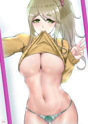 Rule 34 | 1girl, artist name, blush, breasts, closed mouth, clothes lift, cyicheng, dutch angle, fang, fang out, green eyes, green hair, green panties, hair bobbles, hair ornament, half-closed eyes, inuyama aoi, large breasts, lifting own clothes, long hair, long sleeves, looking at viewer, navel, no bra, outstretched arm, panties, reaching, reaching towards viewer, selfie, shiny skin, side ponytail, sidelocks, smile, solo, stomach, sweater, sweater lift, swept bangs, tareme, thick eyebrows, underboob, underwear, v, yellow sweater, yurucamp