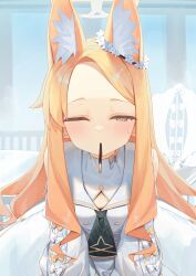 Rule 34 | 1girl, absurdres, animal ear fluff, animal ears, black necktie, blonde hair, blue archive, bow, commentary request, dot nose, dress, ear ornament, food in mouth, forehead, fox ears, half-closed eye, highres, incoming pocky kiss, leaning forward, long hair, long sleeves, looking at viewer, necktie, one eye closed, pocky, pocky day, pocky in mouth, sailor collar, seia (blue archive), sleeve bow, solo, sweat, swept bangs, syhan, white bow, white dress, white sailor collar, yellow eyes