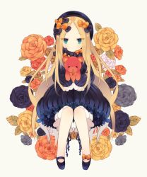 Rule 34 | 1girl, abigail williams (fate), black hat, blonde hair, bow, closed mouth, clothing request, commentary, commentary request, dress, fate/grand order, fate (series), flower, full body, green eyes, hair bow, hat, highres, knees together feet apart, long hair, looking at viewer, mimo lm, multiple hair bows, parted bangs, shoes, simple background, sitting, solo, stuffed animal, stuffed toy, symbol-only commentary, tagme, teddy bear, very long hair, white background
