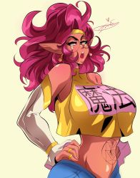 Rule 34 | 1girl, bare shoulders, breasts, elf, glasses, highres, huge breasts, imaniiarts, original, pink eyes, pink hair, pointy ears, solo