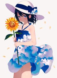 Rule 34 | 1girl, achiki, bare arms, bare shoulders, black hair, blue bow, blue eyes, bow, breasts, cloud print, collarbone, commentary, dress, flower, hat, hat bow, holding, holding flower, looking at viewer, original, petals, print dress, short hair, simple background, sky print, sleeveless, sleeveless dress, small breasts, smile, solo, standing, sun hat, sunflower, symbol-only commentary, wind