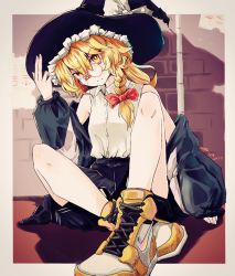 Rule 34 | 1girl, alternate costume, bespectacled, black hat, black jacket, blonde hair, bow, braid, closed mouth, commentary request, crossed ankles, foreshortening, frown, glasses, hair between eyes, hair bow, hakurei fling, hat, hat bow, highres, jacket, kirisame marisa, knees up, long hair, long sleeves, looking at viewer, off shoulder, red-framed eyewear, shirt, shoes, side braid, sitting, sleeveless, sleeveless shirt, solo, touhou, white bow, white shirt, witch hat, yellow eyes, yellow footwear