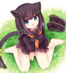Rule 34 | 1girl, :d, animal ear fluff, animal ears, barefoot, blue eyes, blush, brown footwear, brown hair, brown sailor collar, brown serafuku, brown shirt, brown skirt, cat ears, cat girl, cat tail, commentary request, feet, full body, grass, hair between eyes, hair ornament, hairclip, loafers, long sleeves, looking at viewer, neckerchief, on grass, open mouth, orange neckerchief, original, pleated skirt, puffy long sleeves, puffy sleeves, sailor collar, school uniform, serafuku, shirt, shoes, unworn shoes, sitting, skirt, sleeves past wrists, smile, solo, tail, wariza, yuuhagi (amaretto-no-natsu)