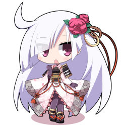 Rule 34 | 1girl, ahoge, armor, blush, chibi, eyes visible through hair, flower, full body, gloves, hair flower, hair ornament, hair over one eye, japanese clothes, long hair, looking at viewer, open mouth, osaragi mitama, oshiro project:re, pantyhose, red eyes, shirakawa komine (oshiro project), simple background, solo, very long hair, white background, white hair