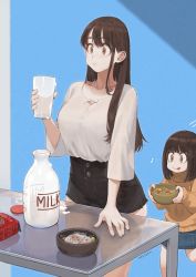Rule 34 | 2girls, artist name, big sister (navigavi), black shorts, bottle, bowl, breasts, brown eyes, brown hair, brown sweater, cereal, cleavage, closed mouth, collarbone, commentary, cookie, cup, denim, denim skirt, drinking, food, glass, hand up, high-waist shorts, highres, holding, holding bowl, holding cup, jewelry, jun (navigavi), large breasts, little sister (navigavi), long hair, long sleeves, milk, milk bottle, multiple girls, original, package, shirt, shirt tucked in, shorts, siblings, sisters, sitting, skirt, sweater, table, tongue, tongue out, white shirt