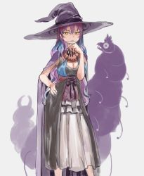 Rule 34 | 1girl, blue hair, breasts, cape, cleavage, closed mouth, contrapposto, corset, dress, gradient hair, grey dress, hand on own chin, hand on own hip, hat, highres, looking at viewer, medium breasts, megame (okbnkn), multicolored hair, original, purple cape, purple hair, purple hat, skirt, solo, standing, stroking own chin, white skirt, witch, witch hat, yellow eyes