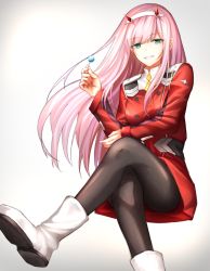 Rule 34 | 1girl, black pantyhose, boots, crossed legs, darling in the franxx, floating hair, green eyes, grin, hairband, highres, horns, invisible chair, jacket, long hair, long sleeves, looking at viewer, military, military jacket, military uniform, pantyhose, pink hair, red jacket, rusi, sitting, smile, solo, uniform, very long hair, white background, white footwear, white hairband, zero two (darling in the franxx)