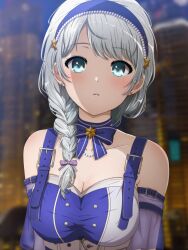 Rule 34 | 1girl, absurdres, anime coloring, bang dream!, bare shoulders, blue eyes, blush, braid, breasts, cleavage, grey hair, highres, long hair, looking at viewer, medium breasts, noshimurin, open mouth, pastel palettes (bang dream!), single braid, solo, upper body, wakamiya eve