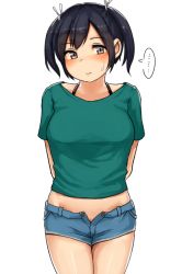 Rule 34 | ..., 10s, 1girl, black hair, breasts, casual, clothes lift, drop, grey eyes, kantai collection, large breasts, looking at viewer, midriff, navel, satsuki neko, shirt lift, short hair, short shorts, short twintails, shorts, simple background, solo, souryuu (kancolle), sweat, thighs, twintails