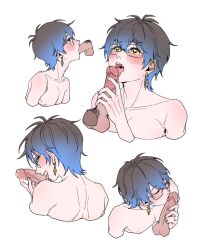 Rule 34 | 2boys, adam&#039;s apple, blue hair, blush, disembodied penis, earrings, erection, fellatio, fouqi, from behind, from side, glasses, gradient hair, grey hair, handjob, heart, heart-shaped pupils, ike eveland, jewelry, licking, licking penis, male focus, male pubic hair, multicolored hair, multiple boys, multiple views, nijisanji, nijisanji en, nude, open mouth, oral, penis, pubic hair, saliva, short hair, simple background, smile, symbol-shaped pupils, tearing up, tongue, tongue out, uncensored, virtual youtuber, white background, yaoi, yellow eyes