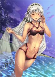 Rule 34 | 1girl, :d, altera (fate), bare arms, bare shoulders, beach, bikini, black bikini, black nails, breasts, cloud, cloudy sky, collarbone, crossed legs, dark-skinned female, dark skin, dutch angle, emanon123, eyelashes, fate/grand order, fate (series), fingernails, halterneck, highres, holding, light particles, looking at viewer, nail polish, navel, night, night sky, ocean, open mouth, outdoors, red eyes, see-through, short hair, skindentation, sky, small breasts, smile, solo, stomach, swimsuit, tattoo, veil, wading, white hair