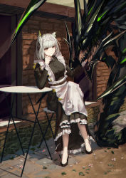 Rule 34 | 1girl, absurdres, adios, animal ear fluff, animal ears, apron, arknights, artist name, black dress, black footwear, breasts, brick wall, building, cat ears, closed mouth, crossed legs, dated, dress, expressionless, frilled dress, frills, full body, green eyes, hand on own cheek, hand on own face, highres, house, kal&#039;tsit (arknights), large breasts, leaf, long sleeves, looking afar, looking away, maid, mon3tr (arknights), monster, official alternate costume, outdoors, short hair, silver hair, sitting, stool, table, white apron