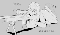 Rule 34 | 1girl, bodysuit, closed mouth, commentary request, grey background, greyscale, gun, highres, holding, holding gun, holding weapon, korean commentary, korean text, monochrome, oddsnail, original, simple background, skin tight, solo, translation request, weapon