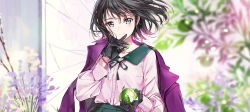 Rule 34 | 1girl, black gloves, black hair, blue eyes, blurry, blurry background, blush, bracelet, closed mouth, coat, food, fruit, gloves, highres, holding, holding food, holding fruit, jacket, jacket on shoulders, jewelry, letterboxed, looking at viewer, mole, mole under eye, original, pink shirt, purple coat, shirt, short hair, smile, solo, tiv, upper body, wind