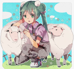 Rule 34 | 1girl, bad id, bad pixiv id, eating hair, green eyes, green hair, hatsune miku, long hair, mari03mo, matching hair/eyes, open mouth, overalls, sheep, solo, twintails, vocaloid