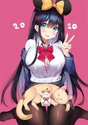 Rule 34 | 1girl, 2020, animal, animal ears, animal on lap, ayamy, black hair, black pantyhose, blue eyes, blue jacket, blush, bow, bow bra, bowtie, bra, breasts, bursting breasts, cat, chinese zodiac, cleavage, commentary, dress shirt, fake animal ears, fang, grey skirt, hair bow, hair ornament, head tilt, jacket, large breasts, long hair, long sleeves, miniskirt, miyawaki sana, mouse (animal), mouse ears, new year, no shoes, off shoulder, on lap, original, pantyhose, pink background, pink bra, pleated skirt, red bow, red bowtie, school uniform, shirt, simple background, skin fang, skirt, solo, underwear, v, white shirt, wing collar, x hair ornament, year of the rat, yellow bow