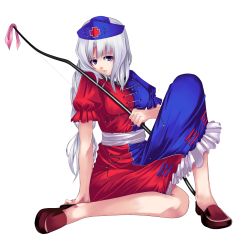 Rule 34 | 1girl, bow (weapon), braid, female focus, full body, hat, highres, holding, holding bow (weapon), holding weapon, ichiyuu, long hair, silver hair, solo, touhou, transparent background, trigram, weapon, yagokoro eirin